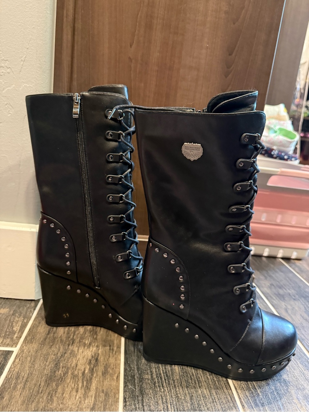Black Lace-Up Wedge Boots - Women